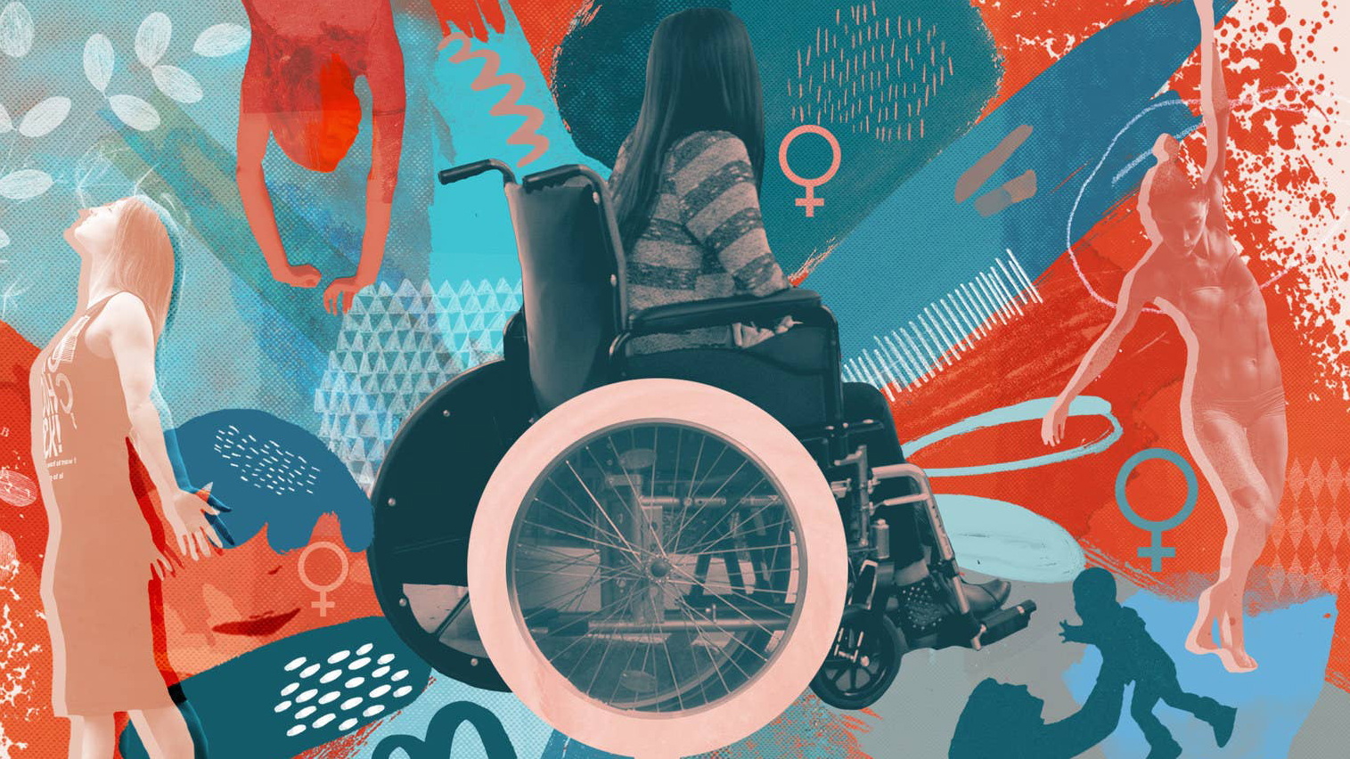 Composición gráfica con una mejer en silla de ruedas en primer plano y dibujos artísticos rodeando la figura